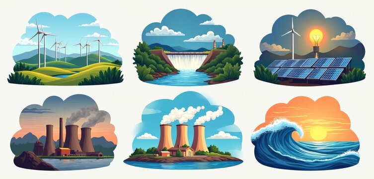 Collection displays renewable energy like wind turbines, solar panels, hydroelectric dam, and non-renewable sources including nuclear and fossil fuel plants. Ocean waves symbolize tidal power.
