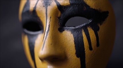 Dramatic stylized mask with black tear streaks and bold yellow face paint