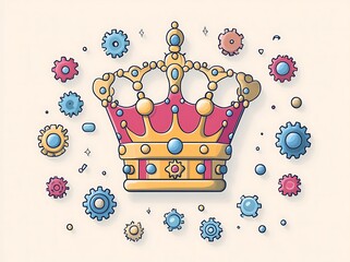 Pink and Gold Crown Surrounded by Blue and Red Gears royal king