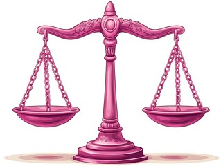 Pink antique balance scale with ornate details on white background justice