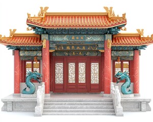 Fototapeta premium Ornate Asian building facade with steps, red columns, & dragon statues