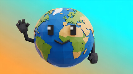 Friendly Earth Character Waving Hello on a Gradient Background