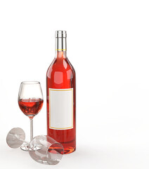 Vibrant rosé wine bottle and two glasses on a sleek, minimal gray background, ideal for summer concepts.