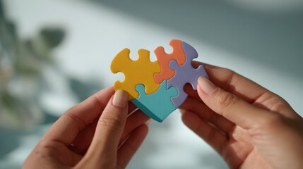 Colorful puzzle pieces being carefully assembled by human hands near greenery