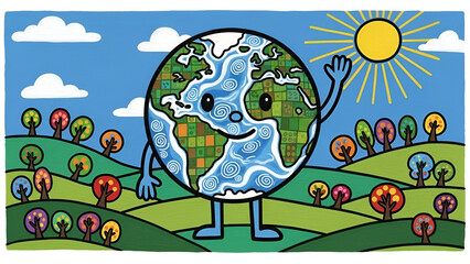 Charming illustrated Earth character waving hello against a vibrant landscape with rolling hills and a smiling sun, celebrating our beautiful planet