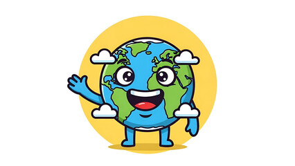 Cheerful Earth Character Waving Hello with a Big Smile, Surrounded by Fluffy Clouds on a Vibrant Yellow Background, Symbolizing a Friendly Welcome and Global Connection for Environmental Themes