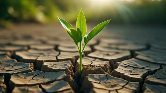 Young green sprout growing from cracked dry land, climate change and sustainability concept
