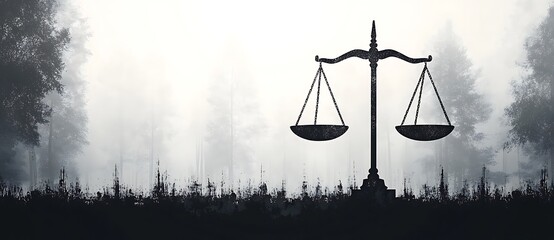 Silhouette of antique scales of justice in a foggy forest setting mist