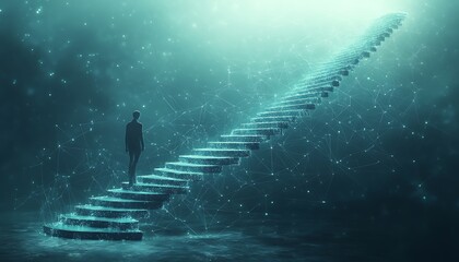 Silhouette man ascends glowing digital staircase in abstract network nebula person ascending