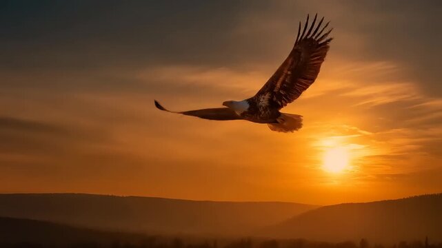 Soaring eagle against dramatic sunset sky with expansive horizon