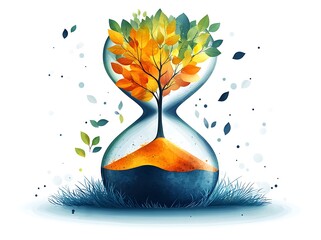 Tree growing inside hourglass with falling leaves and grass growth time
