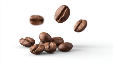 Freshly roasted coffee beans floating and clustered in mid-air
