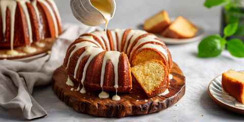 Creative food concept. Classic Butter bundt cake drizzle with white glaze pouring, leaves tablecloth napkin plate, on rustic grey concrete table. copy text space,