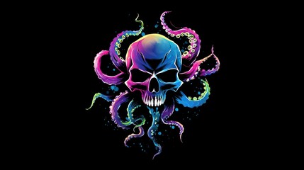Vibrant neon octopus tentacles wrapped around a glowing psychedelic skull