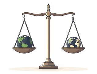 Two Earth globes balanced on a vintage scale with white background planet
