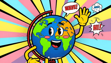 Cartoon Earth Character Waving Hello and Saying Hi with a Colorful Comic Book Background