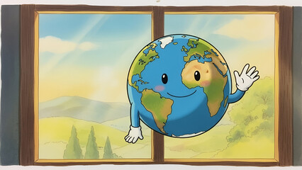 Cute cartoon Earth character waving happily from a window with a green landscape outside