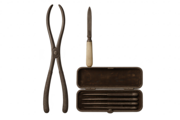 Antique surgical set, lancet and forceps transparent background studio