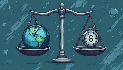 Vintage scale balancing planet Earth against pocket watch with dollar sign balance scale