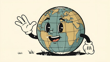 Friendly Earth character waving hello, classic animation style