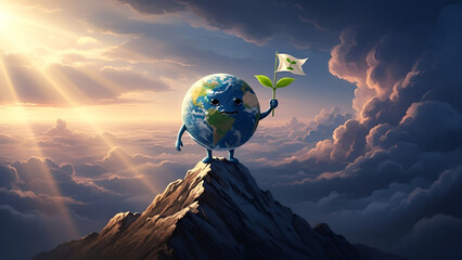 Happy Earth character on mountain peak, holding plant and flag, symbolizing global environmental hope and sustainable future under dramatic, sunlit sky