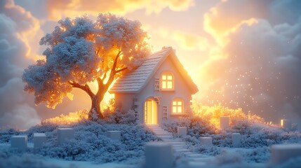 Whimsical white cottage nestled in snowy landscape with glowing sunset sky house home
