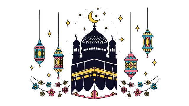 Holy Kabba Illustration: A meticulously crafted illustration features the sacred Kabba, adorned with delicate lanterns and a crescent moon, evokes the spiritual essence of Islamic culture.
