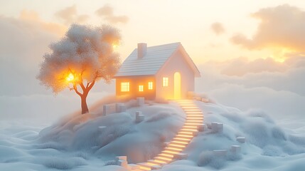 White house on snowy hill with glowing stairs and sunlit tree home winter