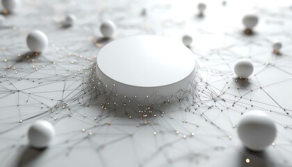 White podium and spheres on abstract network grid with glowing lights connection technology