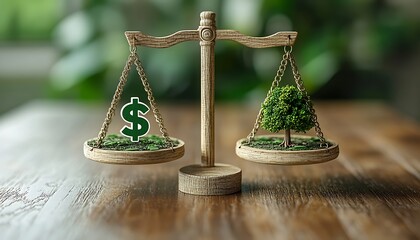 Wooden balance scale with dollar sign and green tree on wooden table weighing money