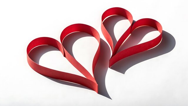 A beautiful close-up shot of two intertwined red paper hearts on a pristine white surface