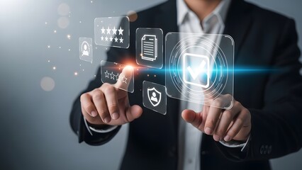 Business professional interacts with a digital dashboard for quality control and verification process