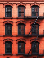 Obraz premium Red brick building facade with dark windows and metal fire escape