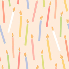 Pattern with cute lit candles. Vector seamless texture in flat style. Birthday cake candles on beige background. Happy birthday! Template for Birthday wrapping paper.