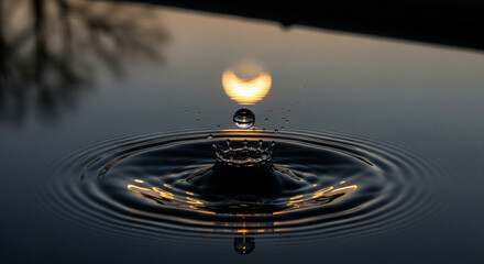  A single, perfect drop striking a calm, dark pool at twilight. Focus on the concentric circles expanding outward, illuminated by a sliver of golden moon reflection. Ultra-realistic, photorealistic.