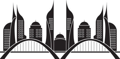 Modern city skyline with futuristic skyscrapers and bridges silhouetted against a grey background