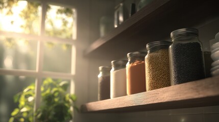 Sunlit wooden shelf displaying assorted glass jars of grains and seeds