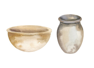 set of watercolor textured ceramic pots for flowers, seedlings, vegetables, growing plants, hand drawn empty vases, clay, terracotta vases, home decor illustration for gardening blogs, picture