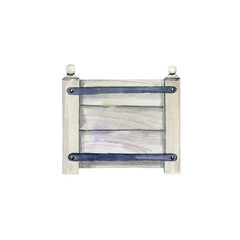 watercolor textured garden empty box, container for dirty, wooden raised bed vegetables, flowers, seedlings, growing plants, hand drawn sketch, cultivation, home decor illustration of gardening