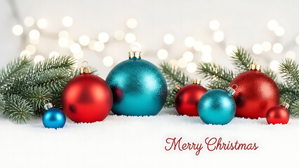 Merry christmas greeting card with red and teal ornaments on snow