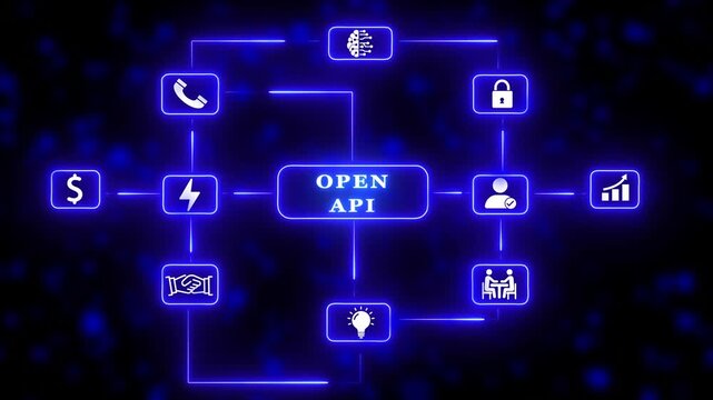 Blue Open API Diagram with Neon Glow and Bokeh Background Open API Technology