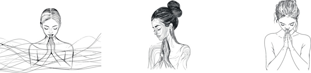 Fototapeta premium In a modern illustration, the Thai greeting concept is represented by a continuous line of ladies, including a pretty woman who stands and gives welcoming hand gestures to guests or tourists by wai