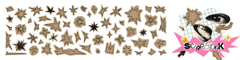 Elements for collage, cut out of craft paper hand drawn doodle stars set and irregular shapes collection. Clipping funky element stickers for scrapbook vector illustration on transparent background
