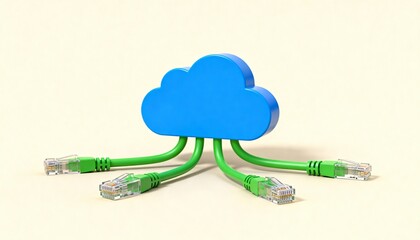 Blue cloud symbol connected to multiple green Ethernet cables, representing cloud computing, data transfer, and internet technology on a neutral background.