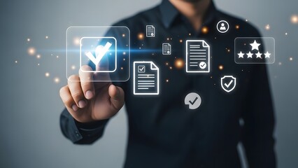 Businessman touching virtual screen for quality assurance and compliance concept