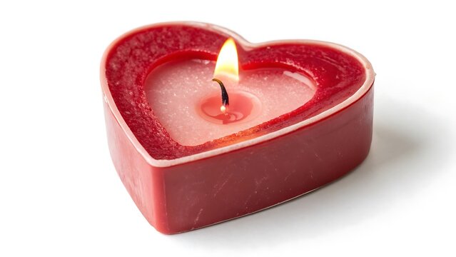 A lit heart-shaped red candle on a white background, symbolizing love and romance