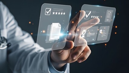 A medical professional interacts with digital health records and quality assurance data on transparent screens