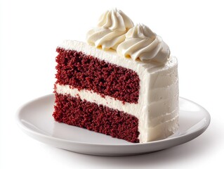 Slice of red velvet cake with cream frosting on a white plate
