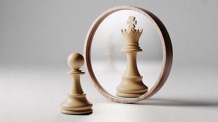 White pawn chess piece standing in front of round mirror reflecting as white queen chess piece on white background