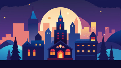 Fototapeta premium Fantasy cityscape at dusk isolated on transparent background